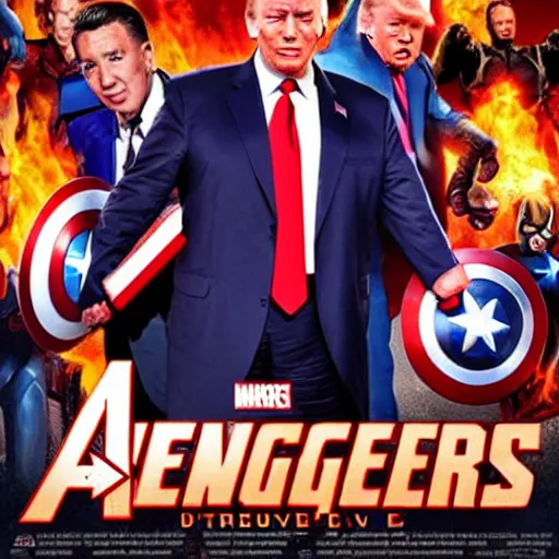 Prompt: avengers - style movie poster with faces of biden, trump, putin, xi jinping, macron, donkey, nuclear bomb in the background, cinematic, realistic, high quality