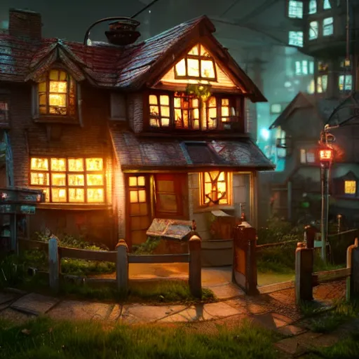 Image similar to high quality 3 d render very cute cyborg cottage! incorporated speakers!, cyberpunk highly detailed, unreal engine cinematic smooth, in the style of blade runner & detective pikachu, hannah yata charlie immer, moody light, low angle, uhd 8 k, sharp focus