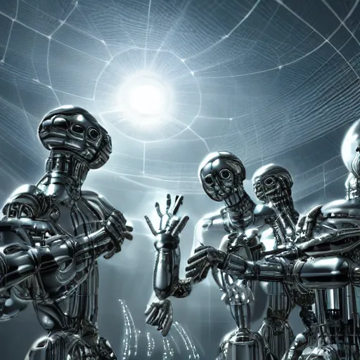 Image similar to love, joy, realistic textured magnetosphere humanoids, complex cybernetic glowing vortexes, large array, ornate, cinematic light shadows, hdr refractions, insanely detailed rendering, cybernetic civilisations, 8 k, *