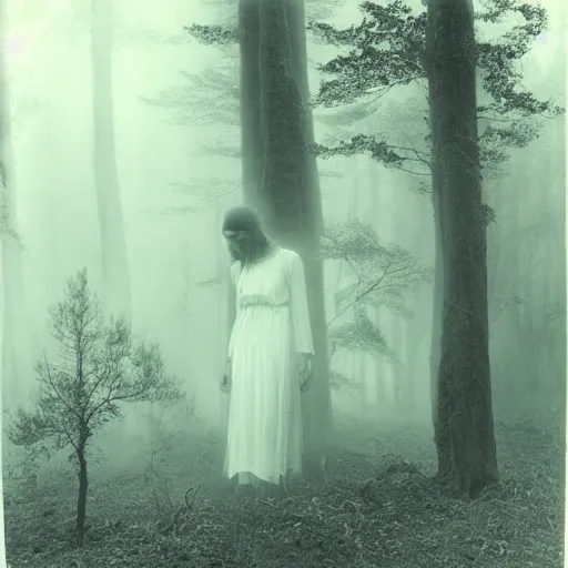 Prompt: an ancient evil-girl on a mysterious fractal forest, mist, 1910 photography, Black and white