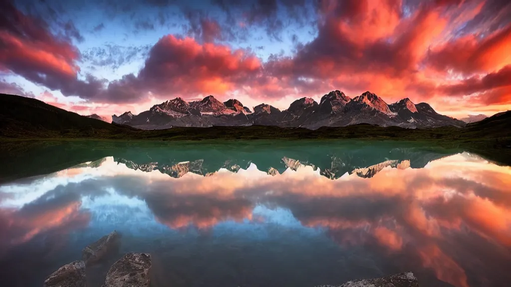 Image similar to amazing landscape photo of mountains with lake in sunset by marc adamus, beautiful dramatic lighting