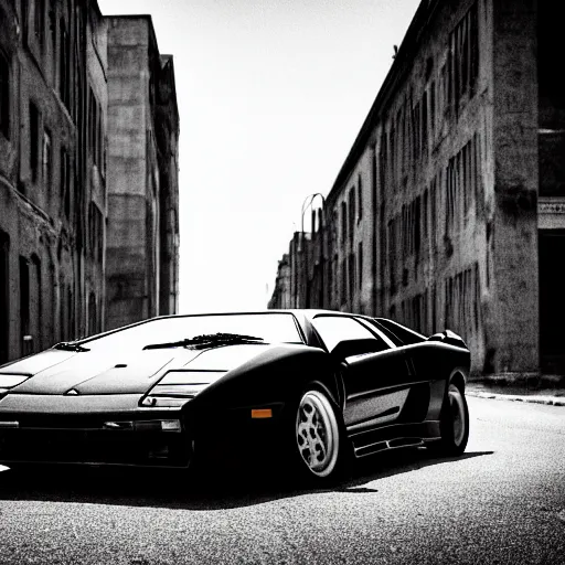 Prompt: black and white press photograph of a rusted abandoned lamborghini diablo on an empty abandoned city street, full view, detailed, natural light, mist, film grain, soft vignette, sigma 5 0 mm f / 1. 4 1 / 1 0 sec shutter, imax 7 0 mm footage