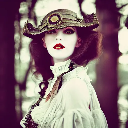 Image similar to A beautiful portrait of a lady vampire, steampunk, photography, 35mm, soft light, cinematic, klimt