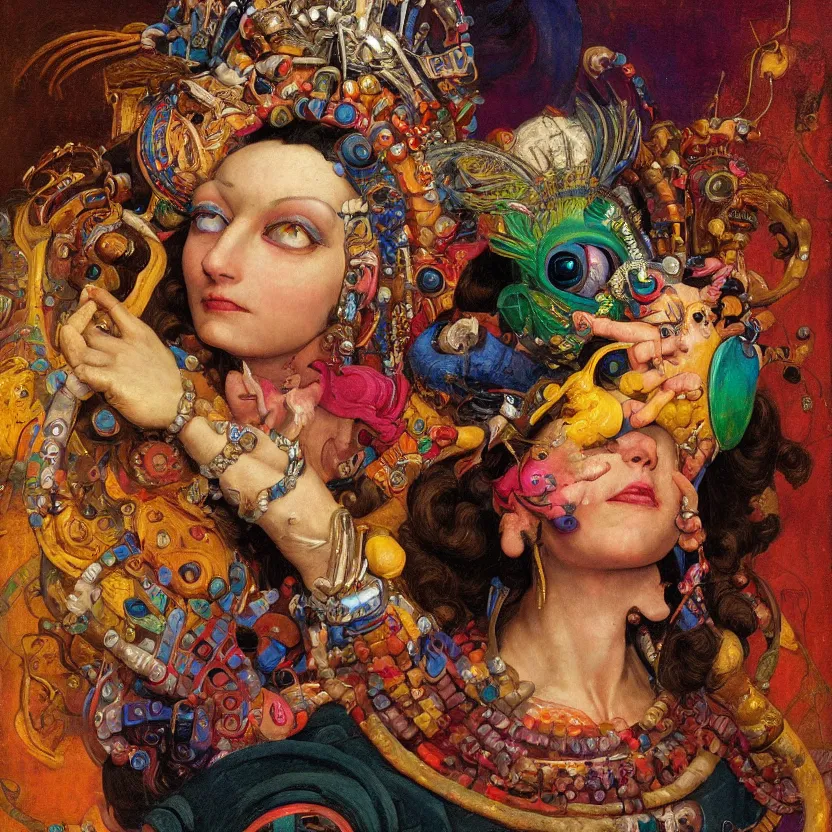 Prompt: a baroque close - up portrait of a whimsical alien witch wearing a colorful futuristic aztec headset, holding a bird. black background. highly detailed science fiction fantasy painting by norman rockwell, moebius, frank frazetta, syd mead, and sandro botticelli. high contrast. renaissance masterpiece. artstation