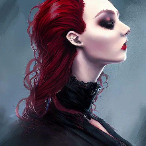 Image similar to a woman wearing a gothic outfit, red hair, highly detailed, digital painting, artstation, concept art, smooth, sharp focus, illustration