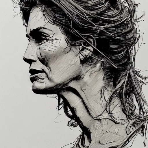 Image similar to a realistic yet scraggly portrait sketch of the side profile of cindy crawford, trending on artstation, intricate details, in the style of frank auerbach, in the style of sergio aragones, in the style of martin ansin, in the style of david aja, in the style of mattias adolfsson