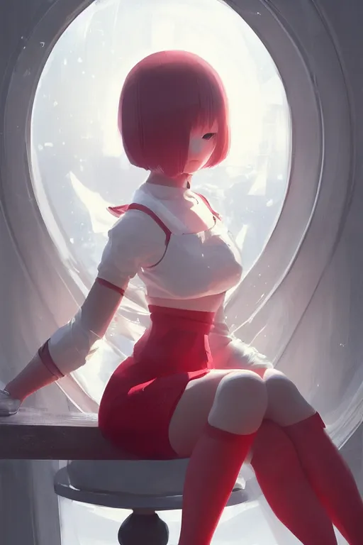 Image similar to a cute young woman sitting in a white bubble chair, cozy setting, red and white, warm lighting, cinematic, moody, nier automata, poster, oil on canvas, in the style of Ilya Kuvshinov, Krenz Cushart, Range Murata, Eero Aarnio, 8k