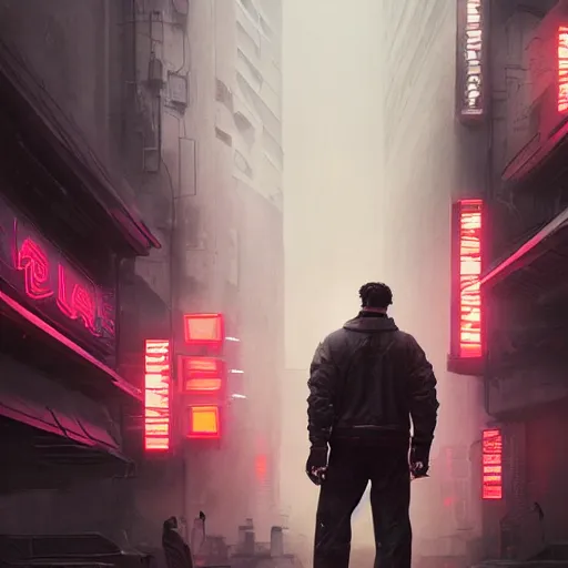 Image similar to A broad shouldered, large man in a techwear outfit, high quality, digital art, dire cyberpunk city, gray sky, neon signs in background, greg rutkowski