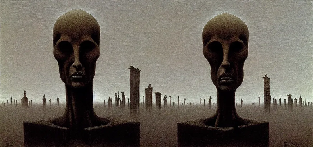 Prompt: deep shadows horror dystopian surreal painting of a single eerie head statue surrounded by buildings by zdzisław beksinski, poverty, broken, relic