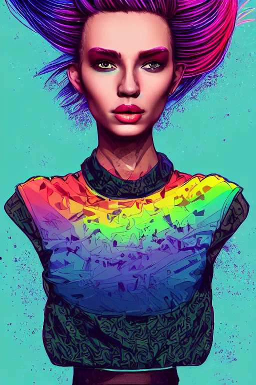 Image similar to a award winning half body portrait of a beautiful woman with stunning eyes in a printed croptop and cargo pants with rainbow colored ombre hairstyle head in motion and hair flying by josan gonzales, outrun, vaporware, shaded flat illustration, digital art, trending on artstation, highly detailed, fine detail, intricate