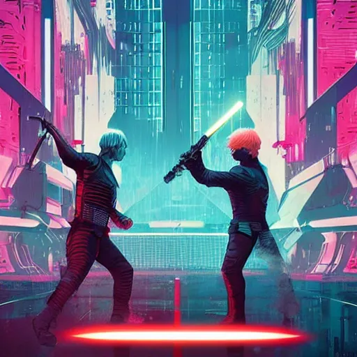 Prompt: jaime lannister and brienne of tarth fighting a thousand neon zombies with lightsabers, cyberpunk art by james gilleard, cgsociety, retrofuturism, synthwave, retrowave, outrun