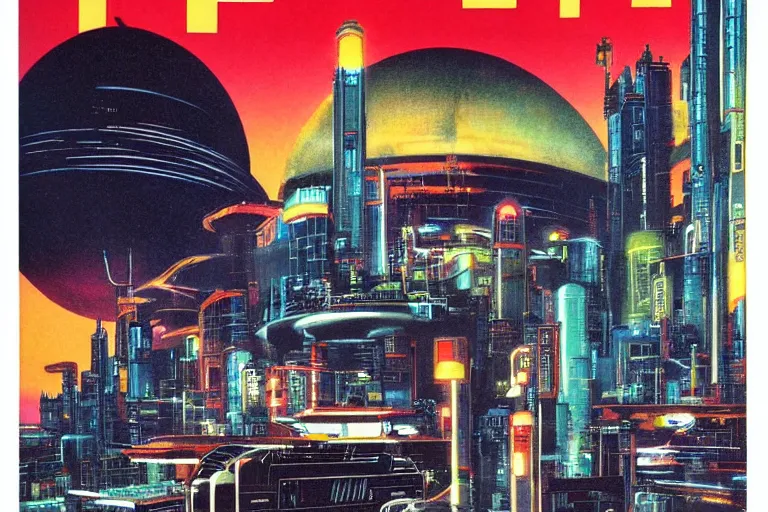 Prompt: 1979 OMNI Magazine Cover depicting a monestary overlooking Neo-Tokyo. Cyberpunk Akira style by Vincent Di Fate