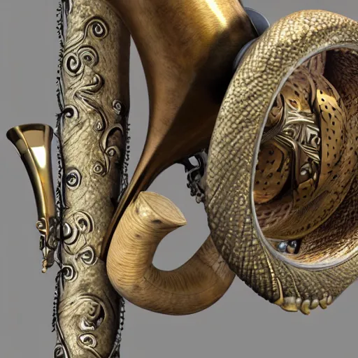 Image similar to a 3 d render of a medieval blowing horn, winding horn, animal horn, higly detailed, mystic, artwork