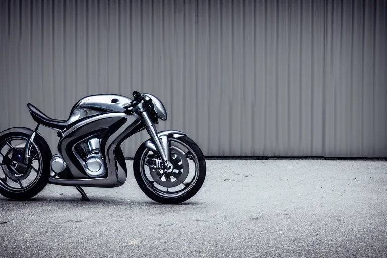 Prompt: A professional garage photograph of a futuristic super bike made of a slick metallic substance.
