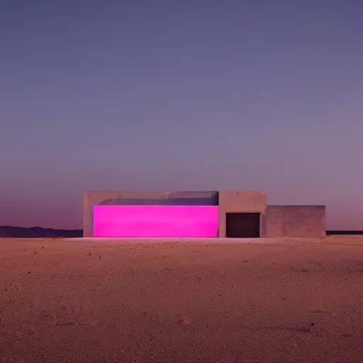 Image similar to concrete structure in the desert at night, neon lights, minimalist architecture, james turrel,