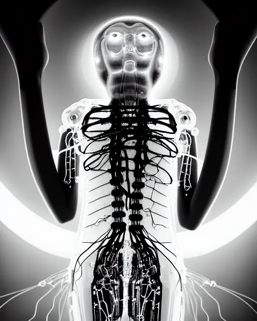 Image similar to black and white young cyborg-human-jellyfish-plant goddess high quality photo, microchip, artificial intelligence, bio-mechanical bio-luminescence, black wired cables, neurons, nerve cells, octane render, cinematic, rim light, hyper realism, photo-realistic, high detail, 8k, masterpiece, high fashion, in the style of H.G. Giger