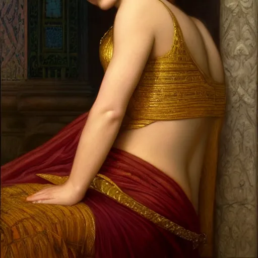 Image similar to beautiful_golden_portrait_of_a_Natalie_Portman_a s_Grand Odalisque_intricate_oil_paintingby Jo hn_William_Godward_by_Anna_Dittman_by J-H 768-C9.0