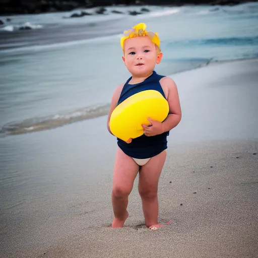 Image similar to a little boy on the beach, yellow floaties, XF IQ4, f/1.4, ISO 200, 1/160s, 8K, RAW, unedited, symmetrical balance, in-frame