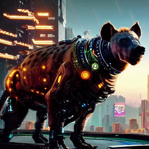 Image similar to cyborg hyena in cyberpunk 2 0 7 7, multiple wires and eyes resembling camera lenses, neon glowing lights on body, realistic, highly detailed concept art