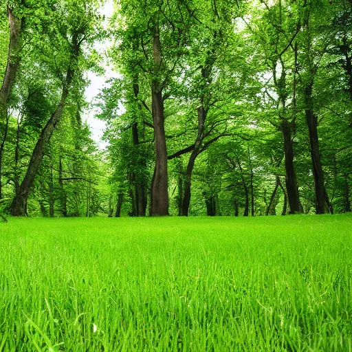 Prompt: Film still, extreme wide shot of a secluded meadow covered in green grass, surrounded by tall, full trees, extreme long shot