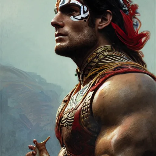 Prompt: Henry Cavill as an Aztec warrior, athletic , face paint, muscular, intricate, highly detailed, digital painting, artstation, concept art, sharp focus, illustration, art by greg rutkowski and alphonse mucha