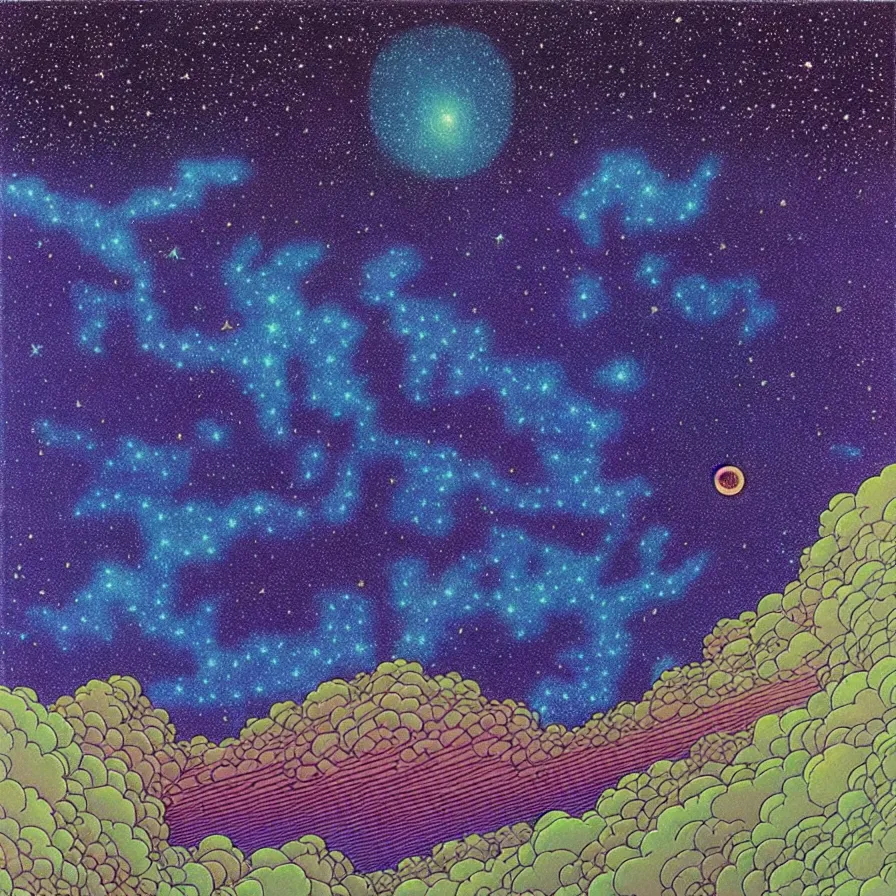 Image similar to ( ( ( ( beautiful starry sky and cloud and forest ) ) ) ) ) by mœbius!!!!!!!!!!!!!!!!!!!!!!!!!!!, overdetailed art, colorful, record jacket
