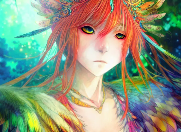 Prompt: anime, full body portrait mother of the forest, colorful, ritual, feathered robe, omoide emanon, tsuruta kenji, murata range, pixiv, vibrant, magical fantasy, yoshitaka amano, artstation, digital art, enchanted, owls, kyoto animation