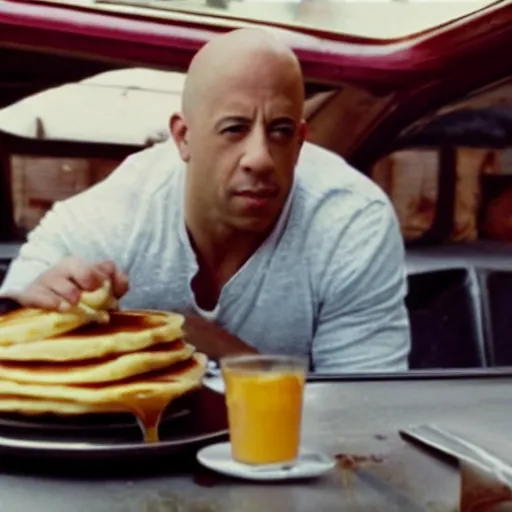 Image similar to movie still of vin diesel eating waffles and pancakes in a car