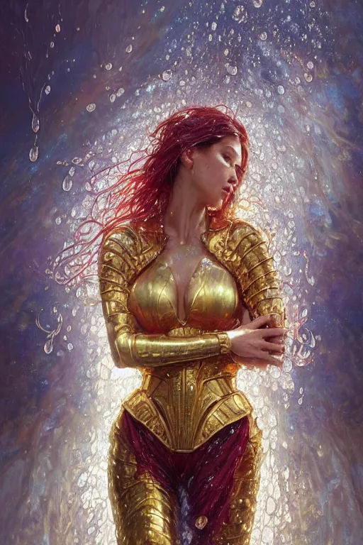 Image similar to portrait of a beautiful woman wearing a gold red armor, silver hair, drenched body, wet dripping hair, emerging from the water, fantasy, regal, fractal crystal, fractal gems, by stanley artgerm lau, greg rutkowski, thomas kindkade, alphonse mucha, loish, norman rockwell