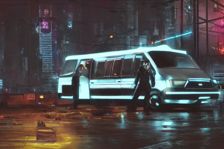 Prompt: cyberpunk version of ( a team van )