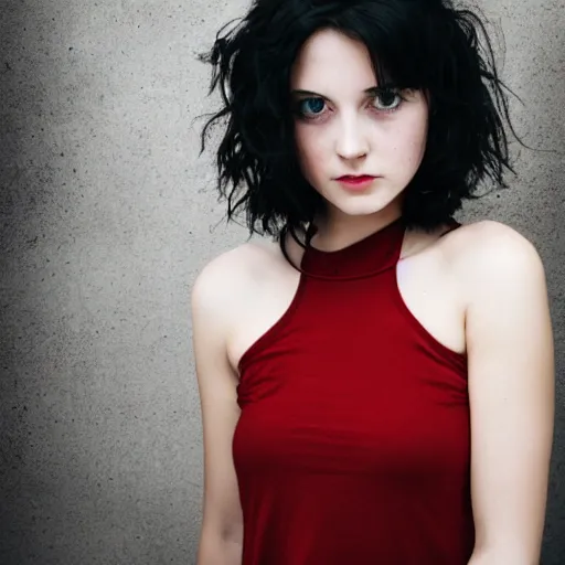 Image similar to a photo of a young woman with short wavy black hair. moody and melanchonic. with a little bit of red and yellow