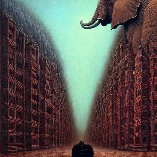 Prompt: a giant elephant stands over a city painting by beksinski, barlowe colors. masterpiece painting