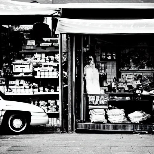 Image similar to a scene of a market stall on a street corner in the style of the ( minority report ) film taken from a distance, minimalist, blue and white, cinematic lighting