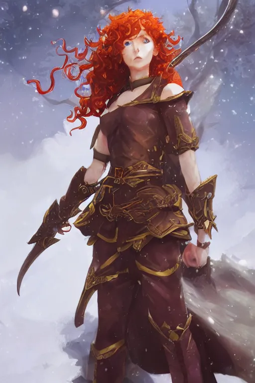 Image similar to A beautiful anime portrait of a curly haired redhead female elf, rpg ranger outfit, elven bow, by Stanley Artgerm Lau, WLOP, Rossdraws, James Jean, Andrei Riabovitchev, Marc Simonetti, and Sakimichan, tranding on artstation