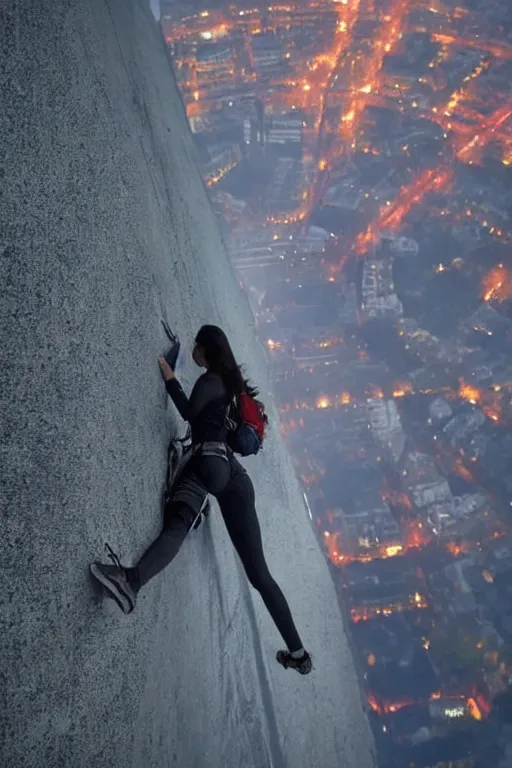 Image similar to hispanic female teen clambing, climber point of view 200m above Paris, at night, downpour, still from Mission Impossible action movie, action scene