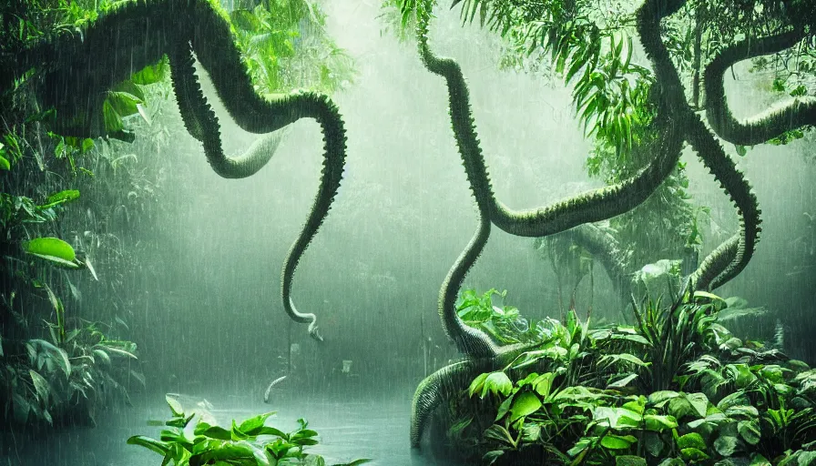 Image similar to a rainy foggy jungle, river with low hanging plants, there is a giant octopus in the water, great photography, ambient light