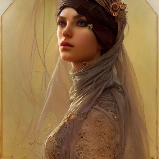 Image similar to portrait of a humanoid robot wearing a veil, mystic, mystical, intricate, headshot, highly detailed, digital painting, artstation, concept art, sharp focus, cinematic lighting, digital painting, art by artgerm and greg rutkowski, alphonse mucha, cgsociety