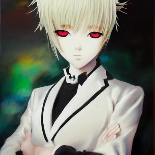 Image similar to Realistic oil painting of an anime girl with short white hair and black eyes wearing tuxedo in the style of Yoshitaka Amano, abstract black and white background with lines, Renaissance oil painting