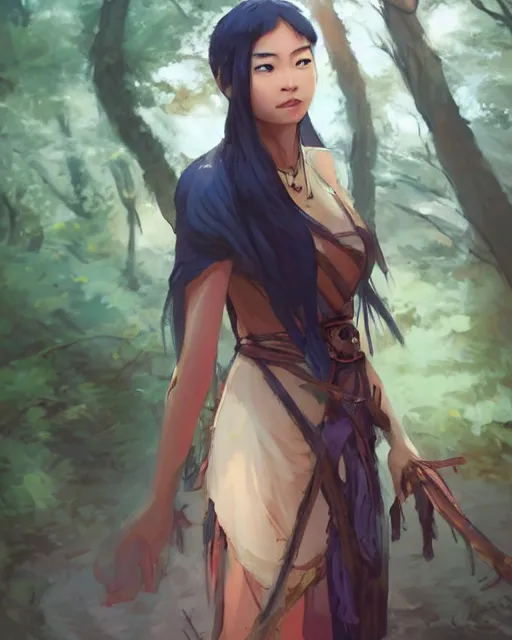 Prompt: an asian tribeswoman standing in the woods. By Makoto Shinkai, Stanley Artgerm Lau, WLOP, Rossdraws, James Jean, Andrei Riabovitchev, Marc Simonetti, krenz cushart, Sakimichan, D&D trending on ArtStation, digital art.