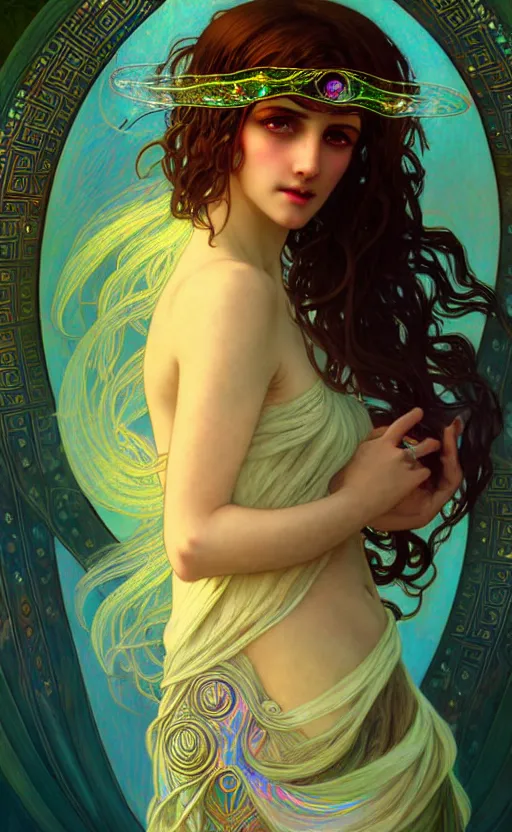 Image similar to ancient greek and gypsy and druid culture crossover, female, ecopunk art nouveau architecture, iridescent and opalescent, twilight, refractive crystal, elegant, feather hair ornaments, highly detailed, digital painting, glowing particles, misty, cinematic lighting, smooth, sharp focus, art by nixeu, by wlop, by alphonse mucha.