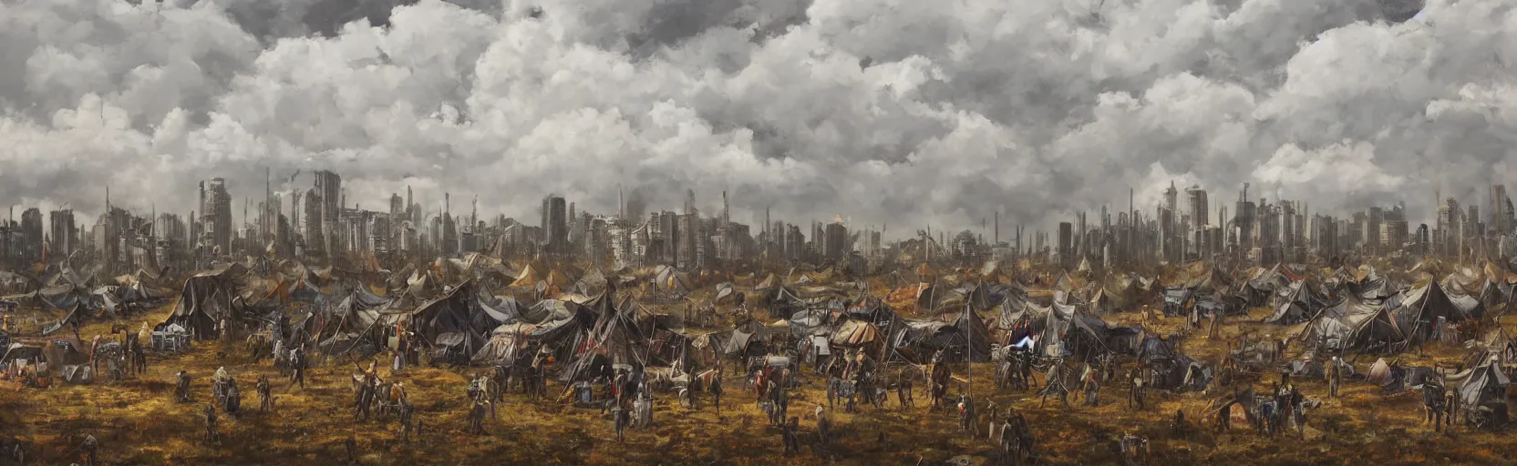 Prompt: cloudy, grey skies, american horseback knights, tent camp in foreground, fortress city of deteriorating office buildings in background upon hill, post apocalyptic, grungy; oil on canvas, artstation