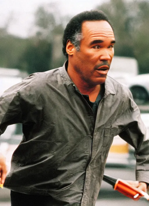 Image similar to norm macdonald running from oj simpson who is carrying a knife, canon 5 d, fuji 8 0 0 3 5 mm, 5 0 mm lens