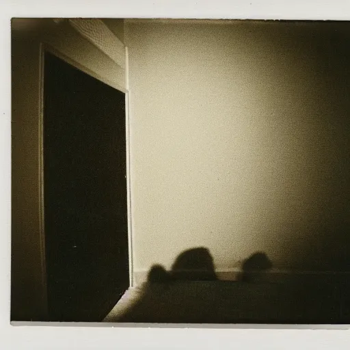 Prompt: the shadow creature in the corner of the bedroom, dark film still from horror movie master, a polaroid picture taken at midnight