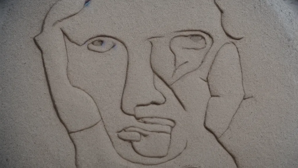 Prompt: sand art intrigued portrait of a sad young dude 3 7 years old