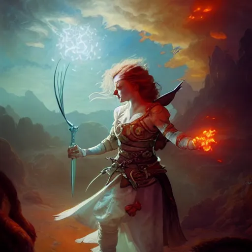 Prompt: a female fantasy halfling hobbit fistfighter, speaking to her glowing goddess of mist and light, flowing robes and leather armor, detailed dynamic light painting by peter mohrbacher and albrecht anker