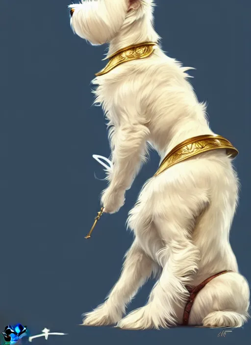 Image similar to a west highland white terrier sitting politely, anime art style, wearing futuristic, golden armor, portrait, high detail, sharp focus, digital painting, artstation, concept art, art by hayao miyazaki and artgerm and greg rutkowski and alphonse mucha.