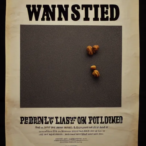 Prompt: a wanted poster looking for a flying walnut, high quality scan