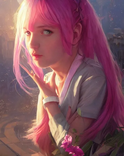 Prompt: portrait of an innocent lost college girl with pink hair, magic school uniform, fantasy building, intricate, sharp focus, lens flare, bloom, rim light, illustration, highly detailed, digital painting, concept art, matte, art by wlop and artgerm and greg rutkowski and alphonse mucha, masterpiece