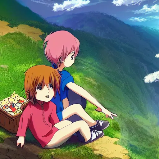 Image similar to digital art, anime, boy and girl sitting on the ledge of a mountain having a picnic with a beautiful view, creative, concept