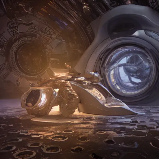 Image similar to concept art by craig mullins astronaut in futuristic dark and empty spaceship underwater. infrared complex and hyperdetailed technical suit. mandelbulb fractal. reflection and dispersion materials. rays and dispersion of light. volumetric light. 5 0 mm, f / 3 2. noise film photo. flash photography. unreal engine 4, octane render. interstellar movie art